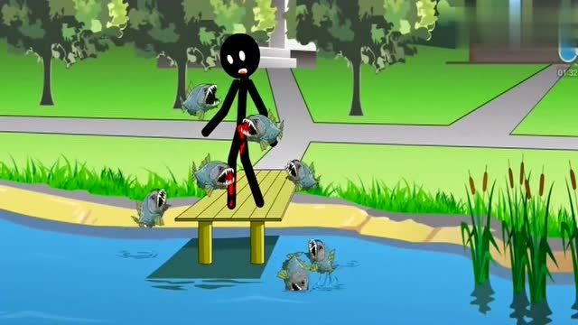 火柴人：水池喂鸭子被食人鱼吃掉